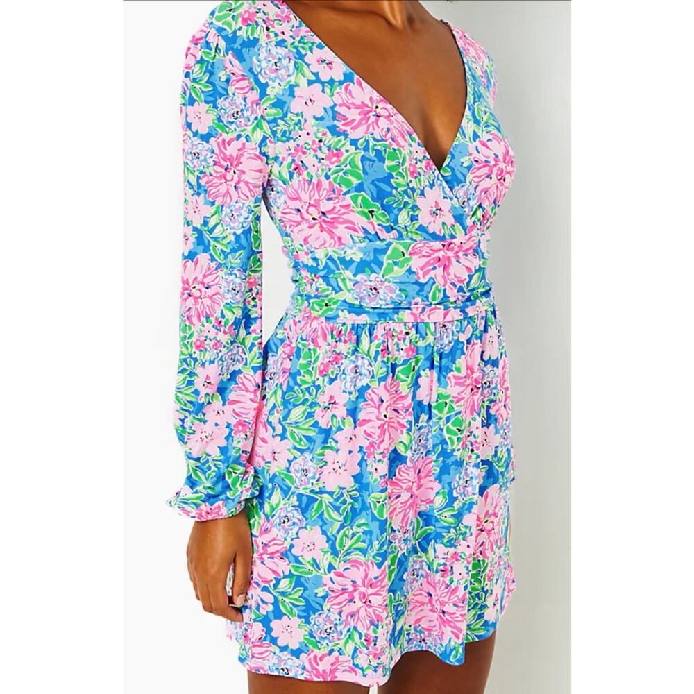 Lilly Pulitzer Riza Long Sleeve Wrap Romper Blue Pink Floral XL EUC